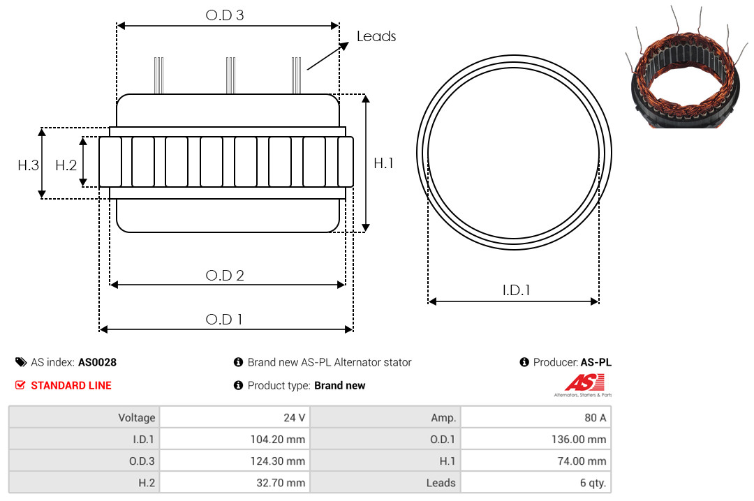 Stator, alternator - AS0028 AS-PL