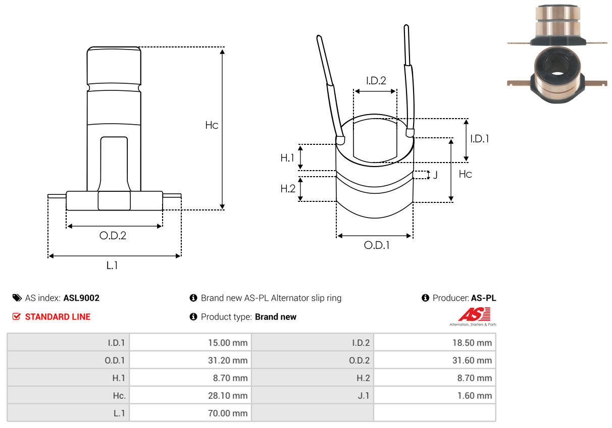 Slip Ring, alternator - ASL9002 AS-PL