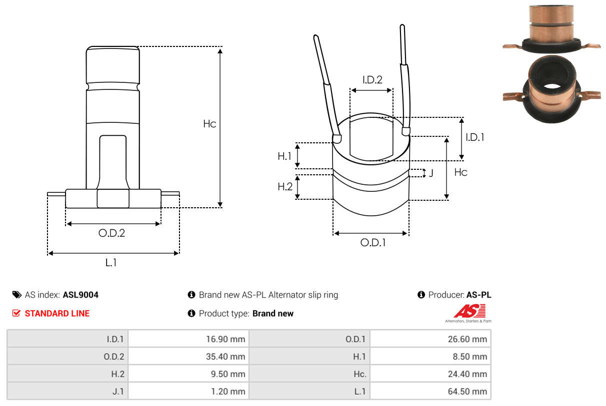 Slip Ring, alternator - ASL9004 AS-PL