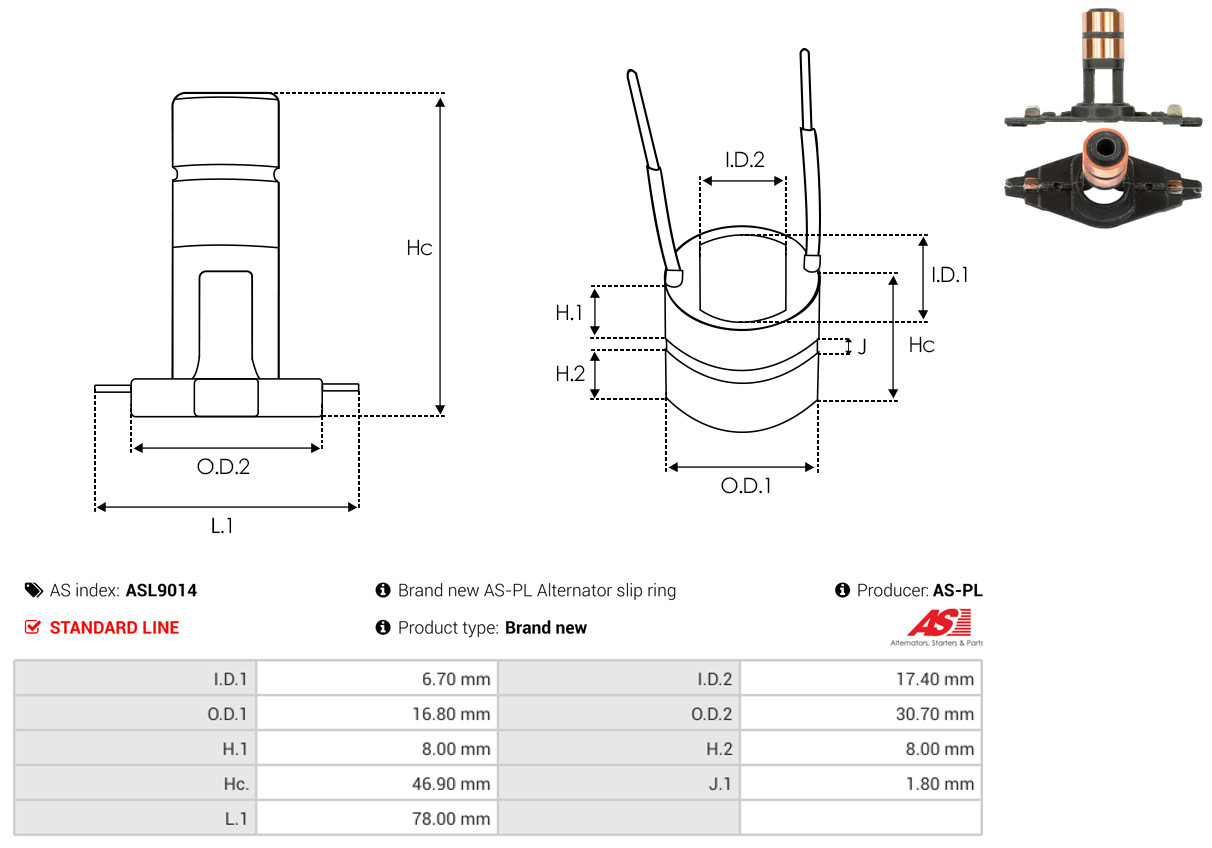 Slip Ring, alternator - ASL9014 AS-PL
