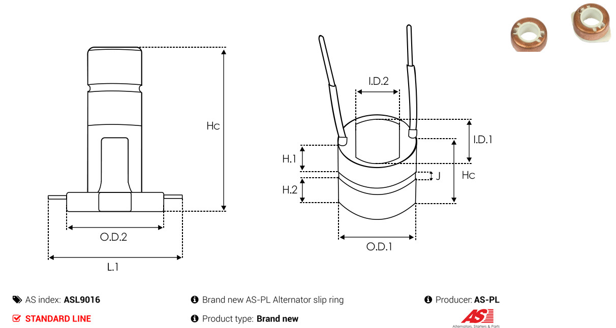 Slip Ring, alternator - ASL9016 AS-PL