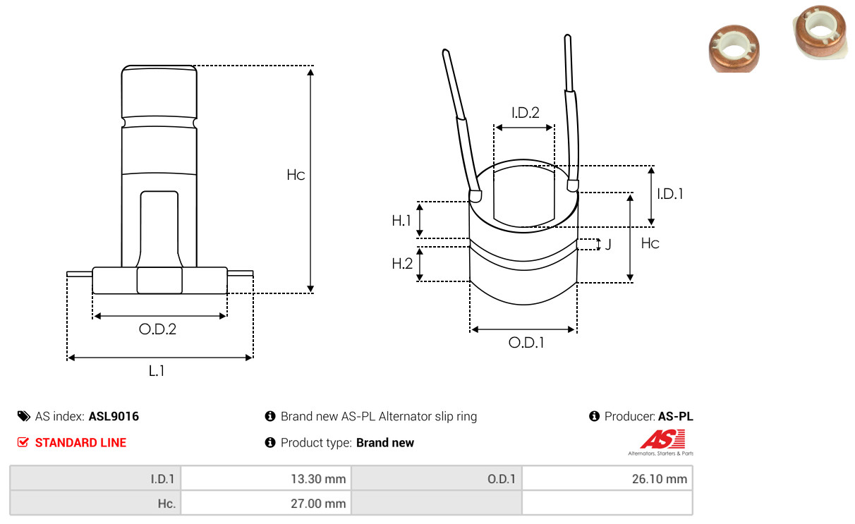 Slip Ring, alternator - ASL9016 AS-PL