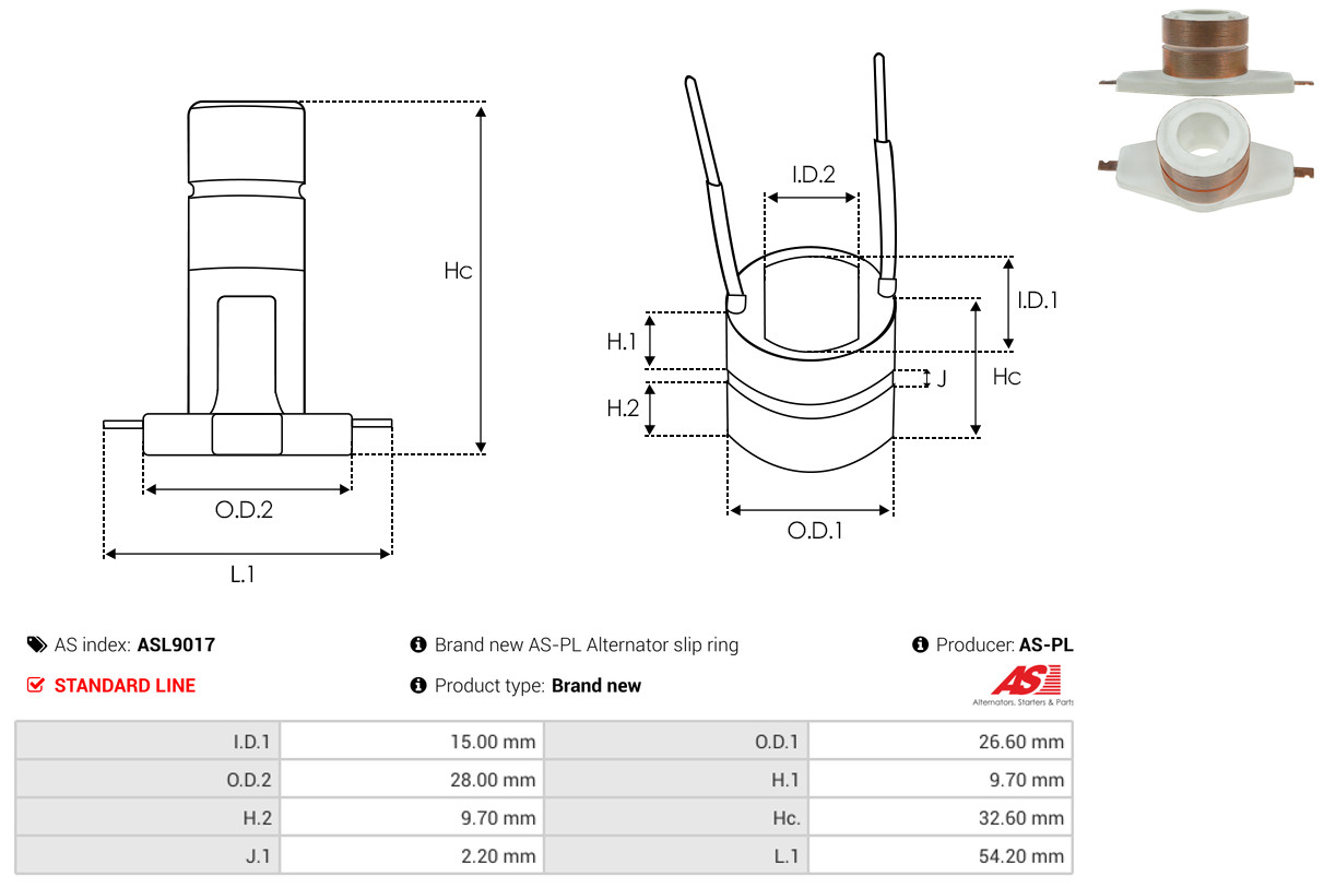 Slip Ring, alternator - ASL9017 AS-PL