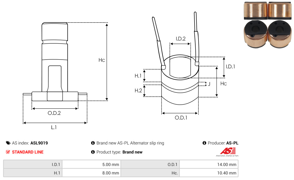 Slip Ring, alternator - ASL9019 AS-PL