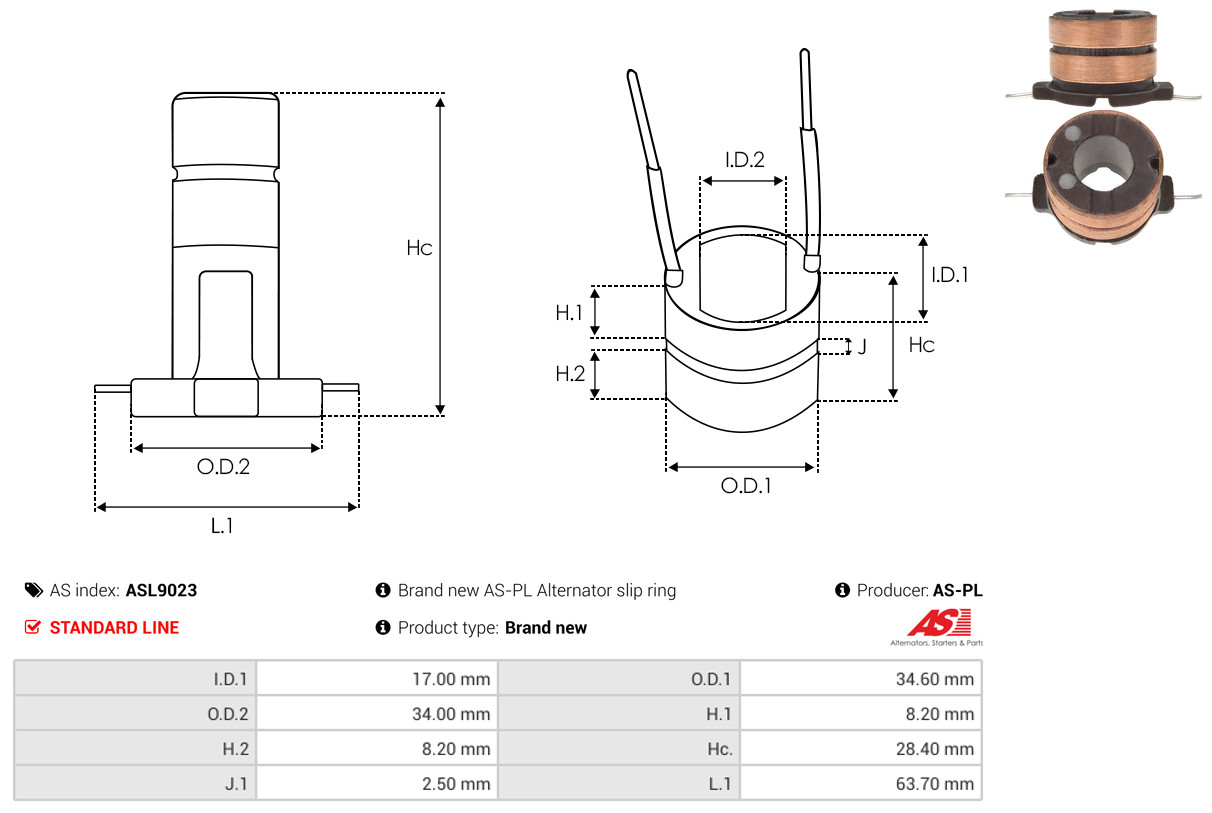 Slip Ring, alternator - ASL9023 AS-PL