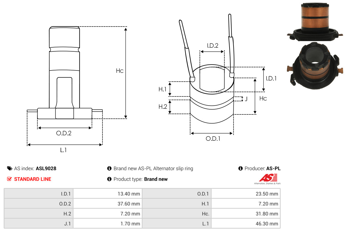 Slip Ring, alternator - ASL9028 AS-PL