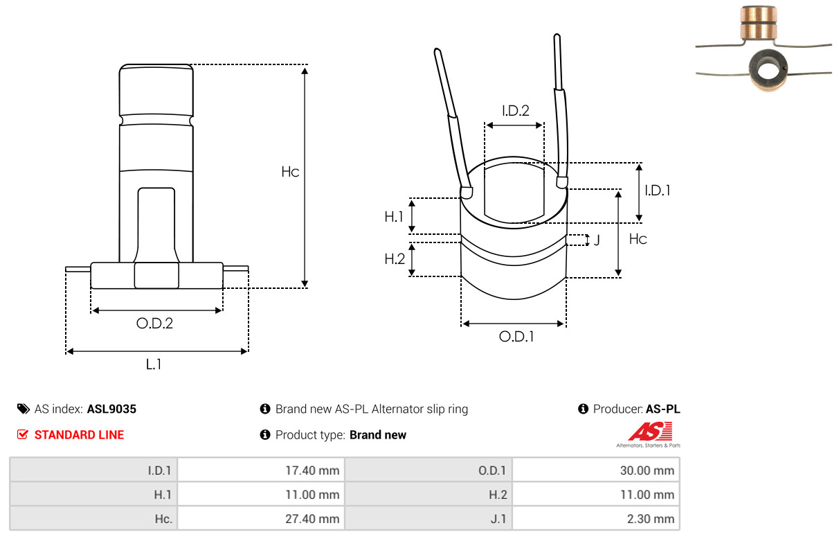 Slip Ring, alternator - ASL9035 AS-PL
