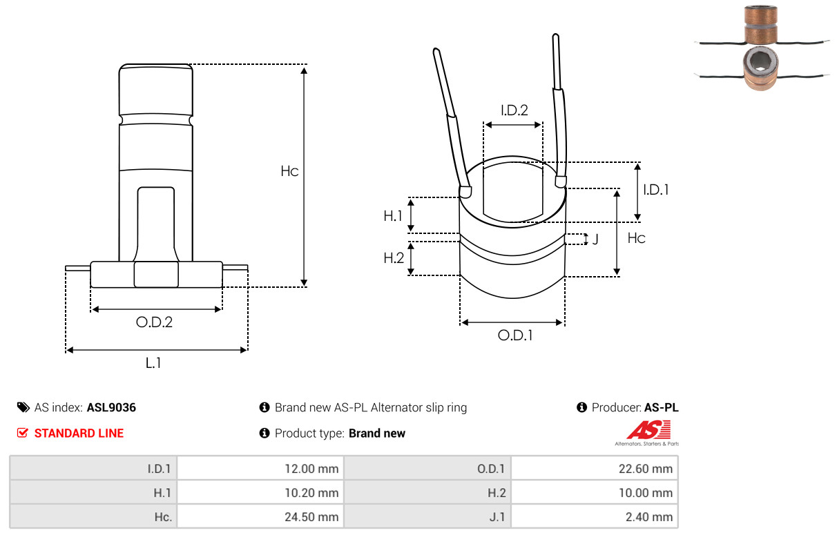Slip Ring, alternator - ASL9036 AS-PL