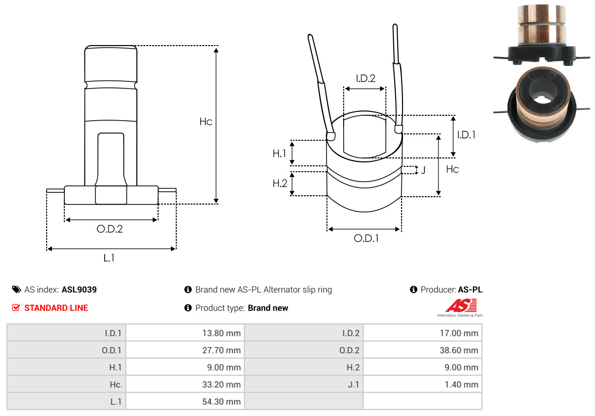 Slip Ring, alternator - ASL9039 AS-PL