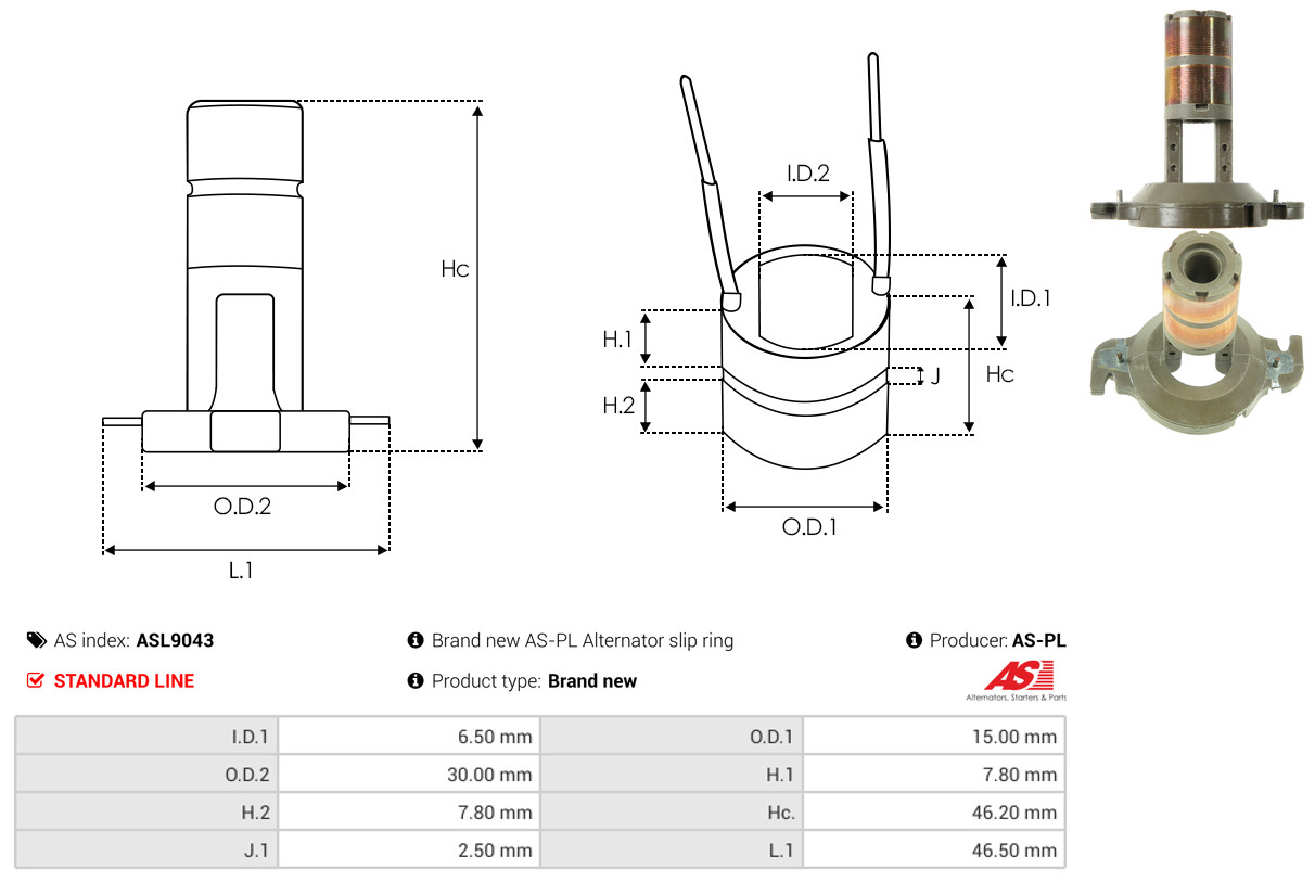 Slip Ring, alternator - ASL9043 AS-PL