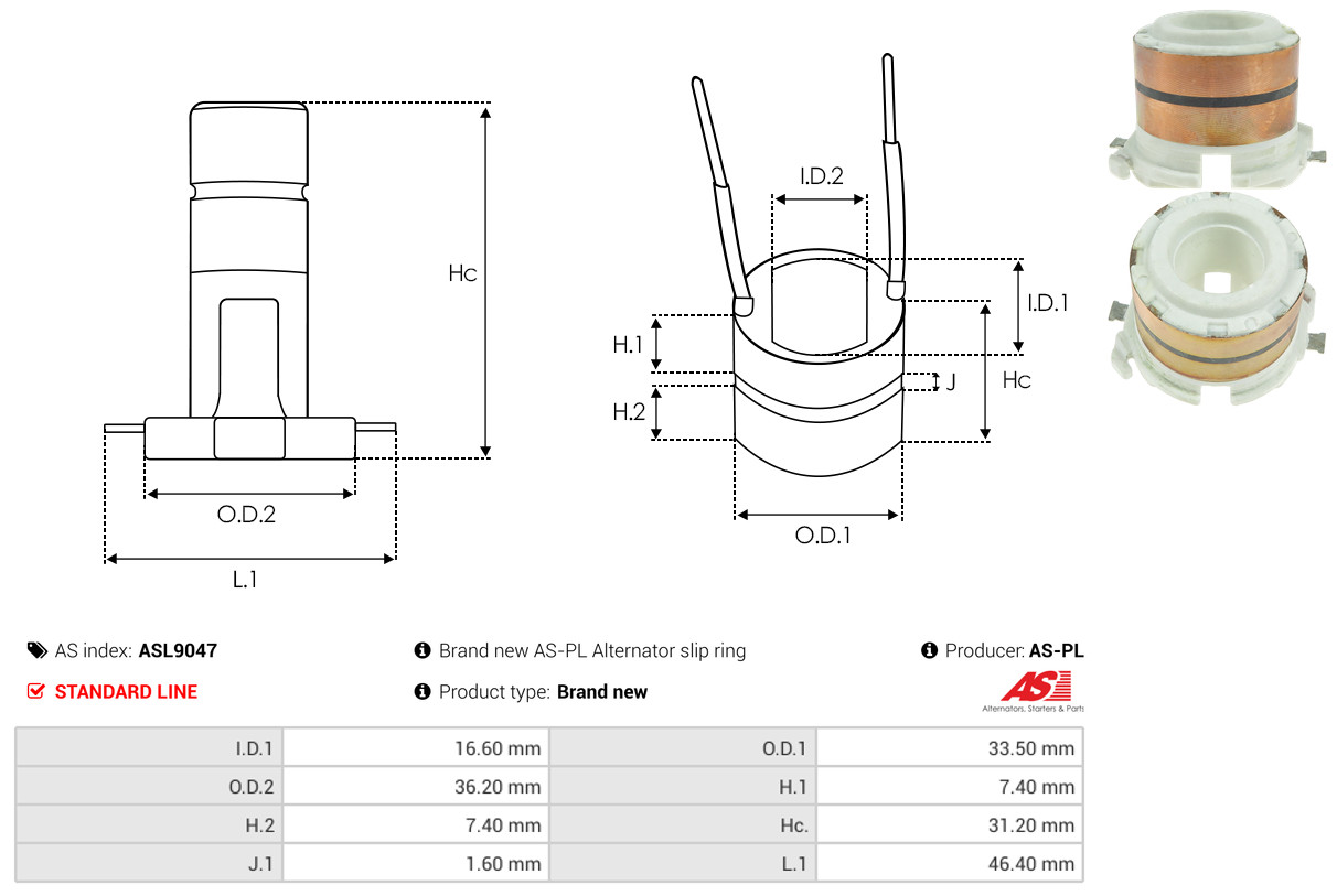 Slip Ring, alternator - ASL9047 AS-PL