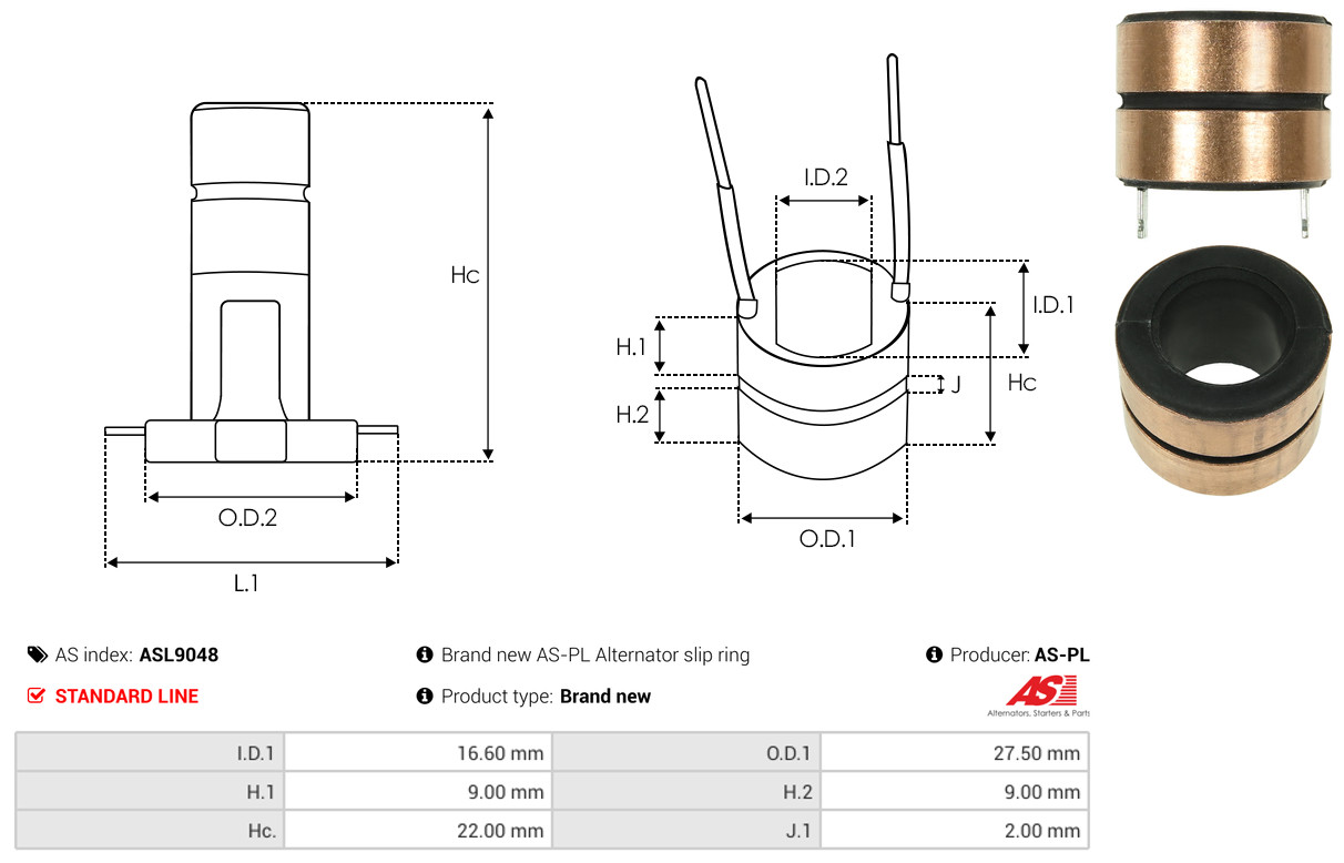Slip Ring, alternator - ASL9048 AS-PL