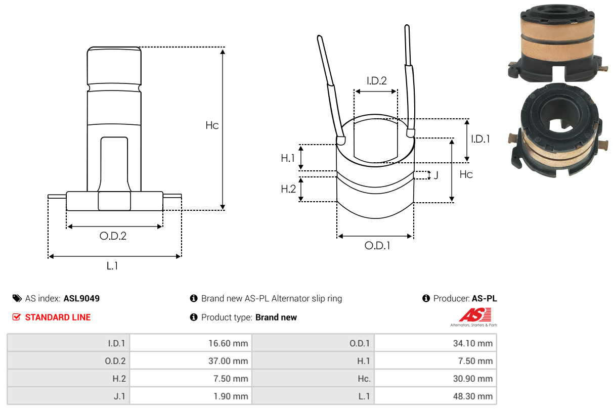 Slip Ring, alternator - ASL9049 AS-PL