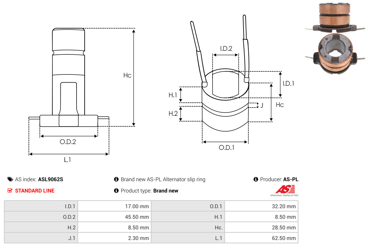 Slip Ring, alternator - ASL9062S AS-PL