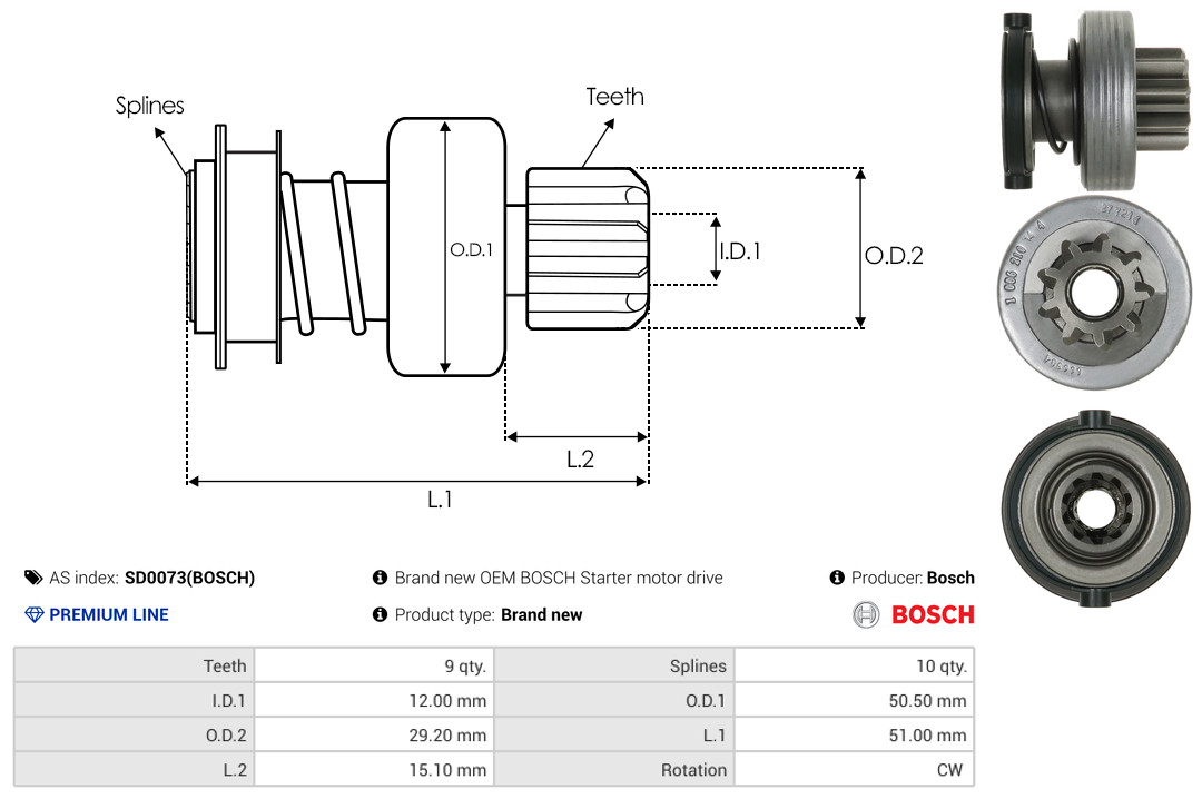 Привод с механизмом свободного хода, стартер - SD0073(BOSCH) AS-PL