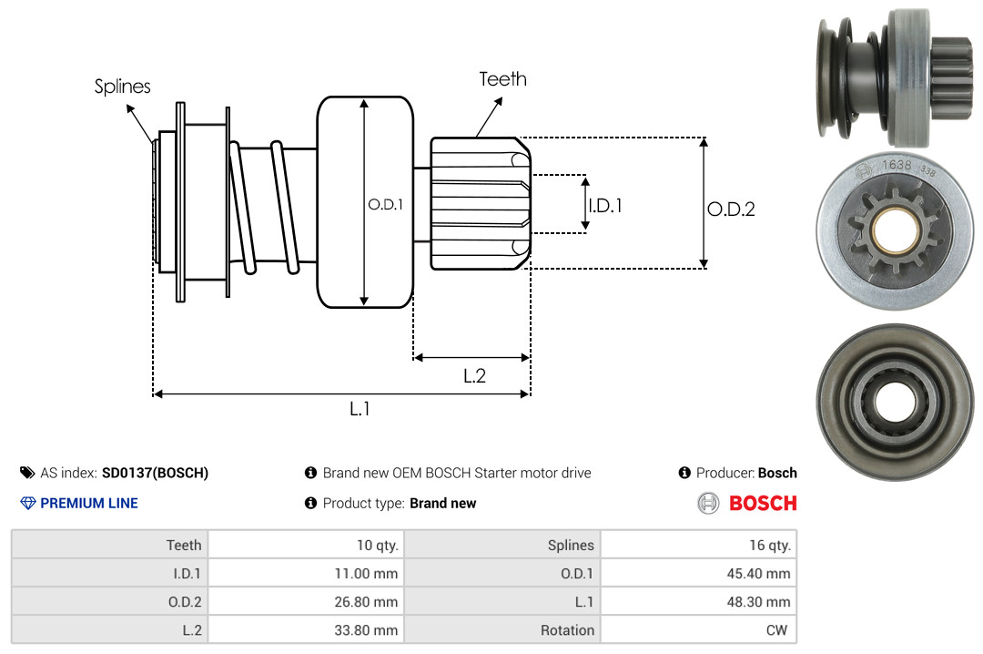 Привод с механизмом свободного хода, стартер - SD0137(BOSCH) AS-PL