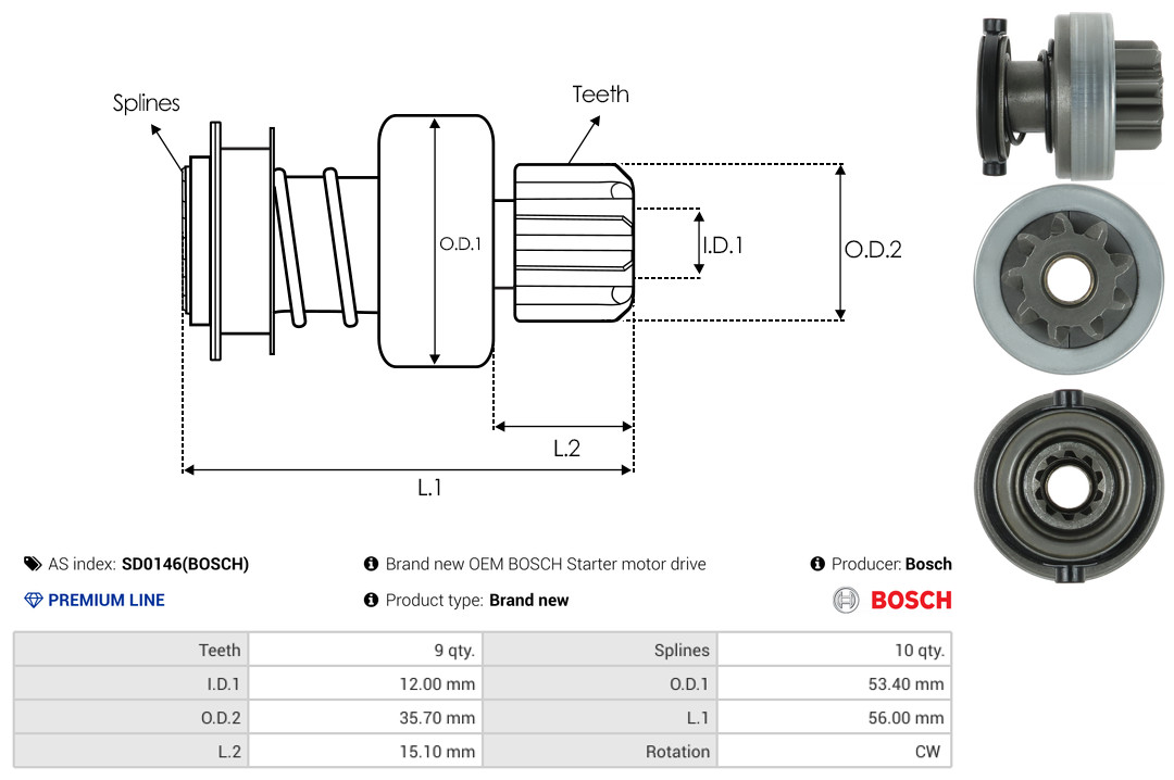 Привод с механизмом свободного хода, стартер - SD0146(BOSCH) AS-PL