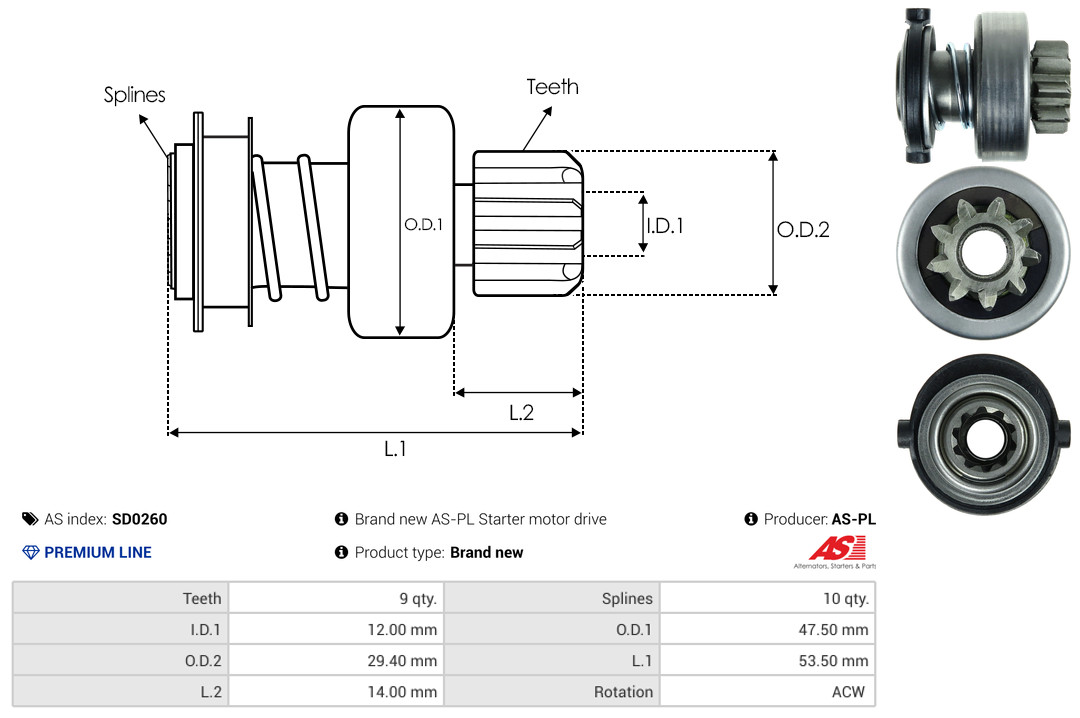 Freewheel Gear, starter - SD0260 AS-PL