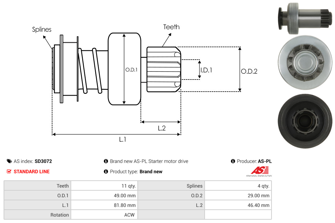 Freewheel Gear, starter - SD3072 AS-PL