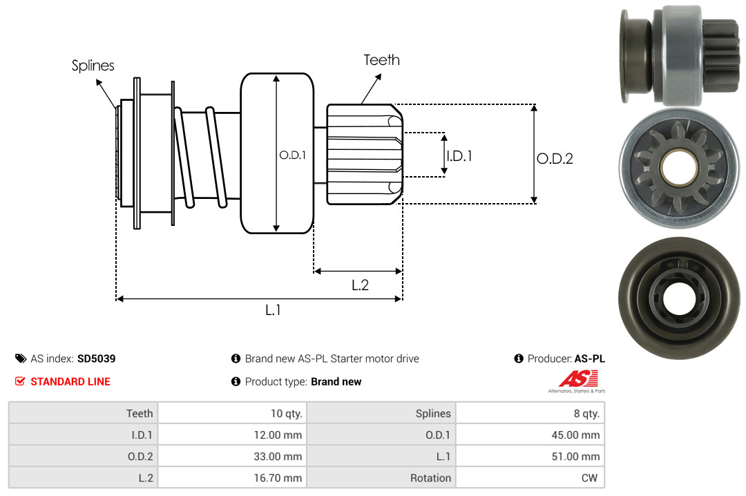 Freewheel Gear, starter - SD5039 AS-PL