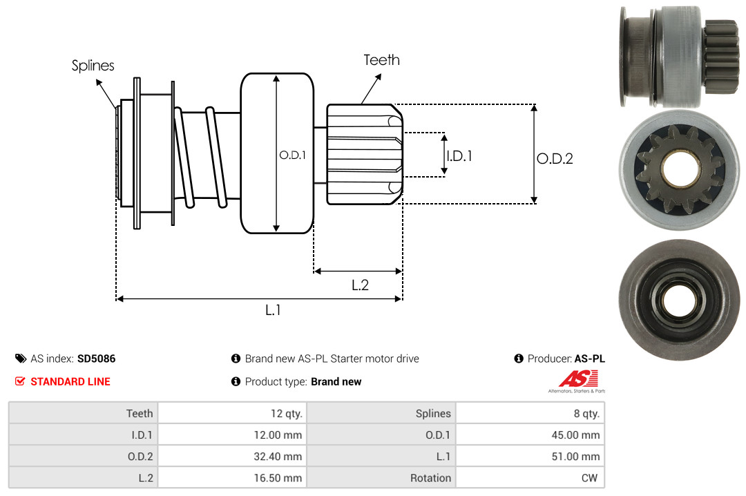 Freewheel Gear, starter - SD5086 AS-PL