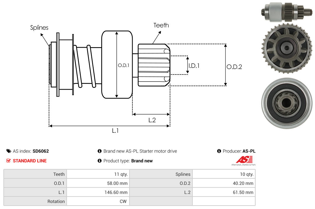 Freewheel Gear, starter - SD6062 AS-PL