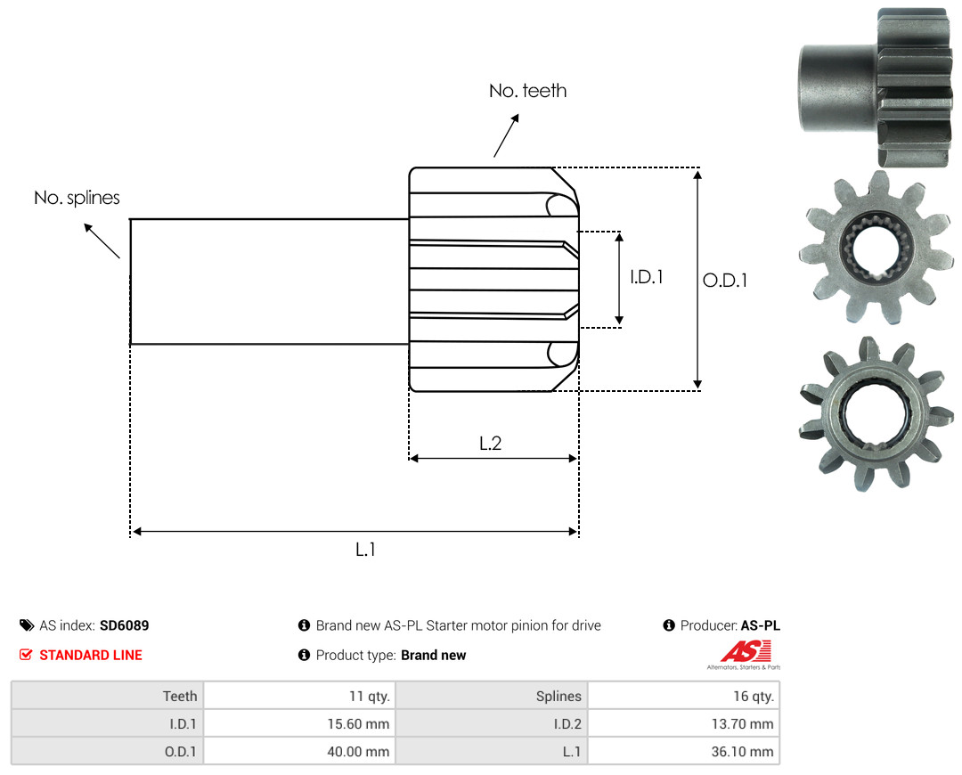 Freewheel Gear, starter - SD6089 AS-PL