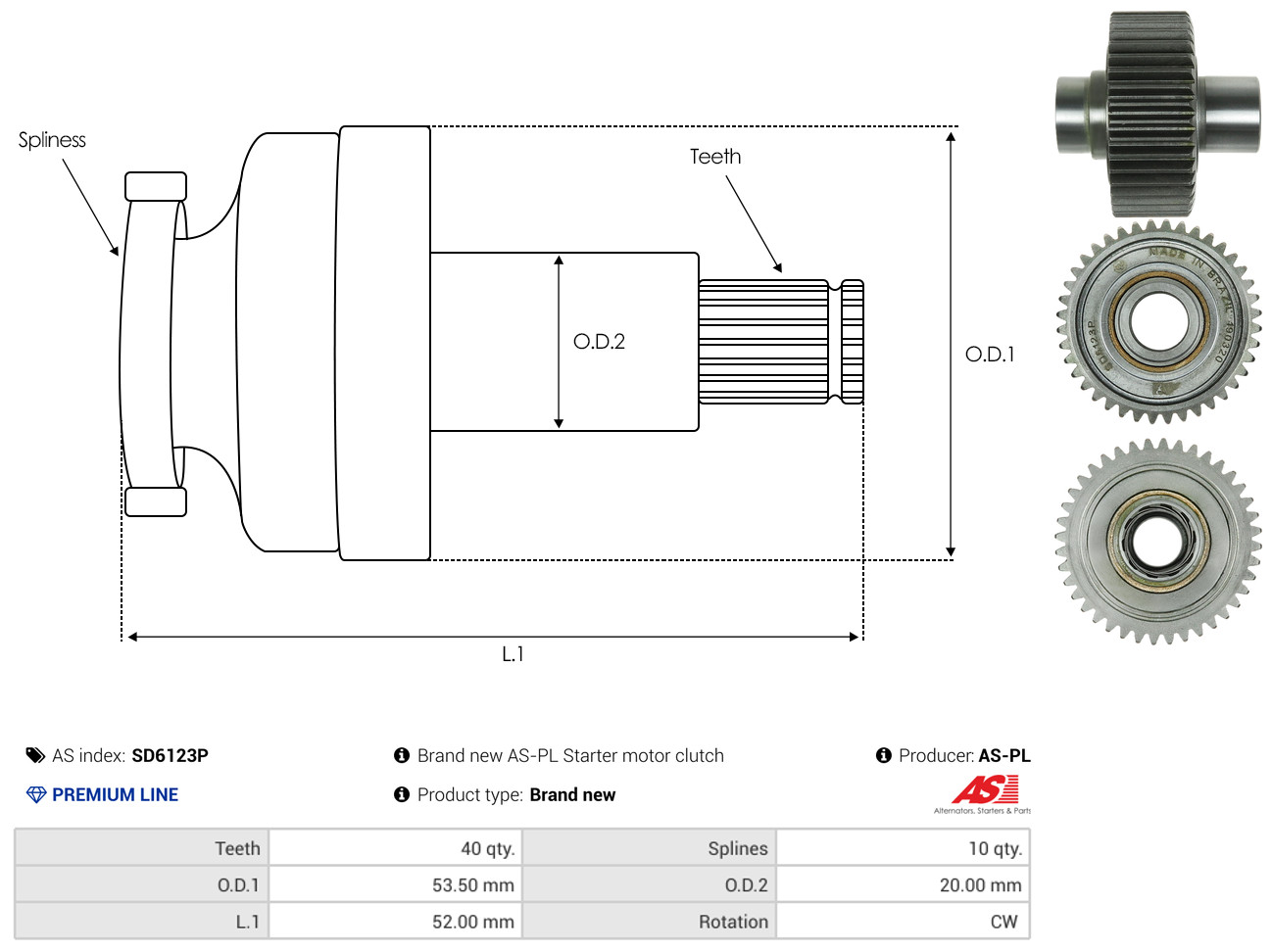 Pinion, starter - SD6123P AS-PL