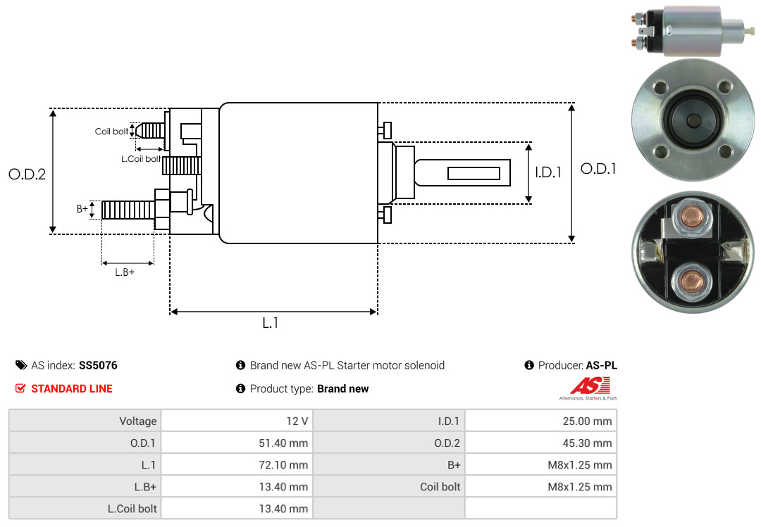 Solenoid Switch, starter - SS5076 AS-PL