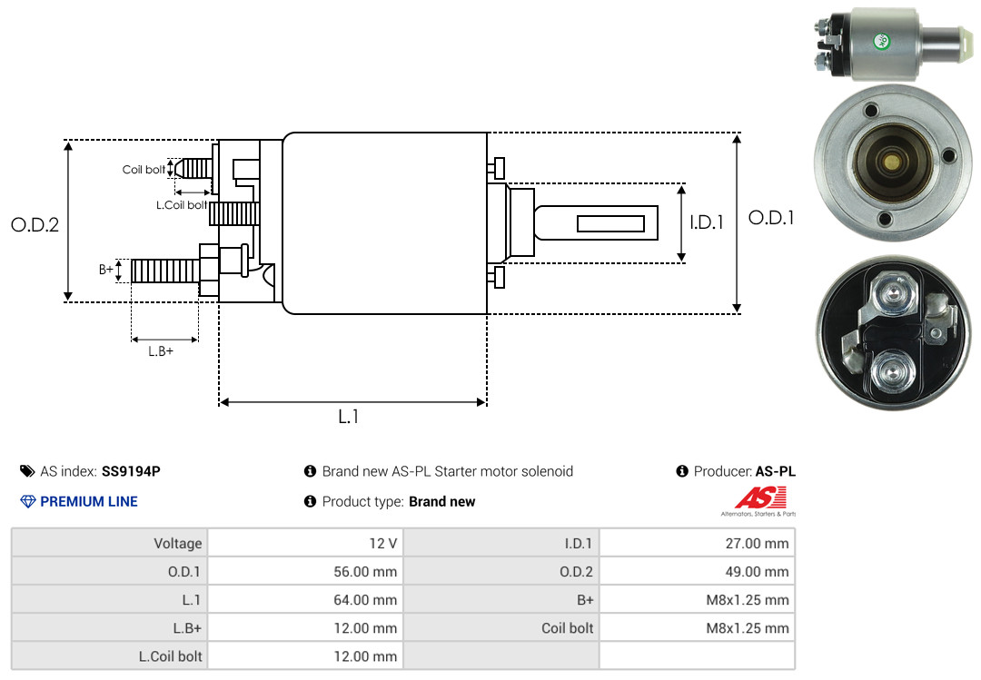 Solenoid Switch, starter - SS9194P AS-PL