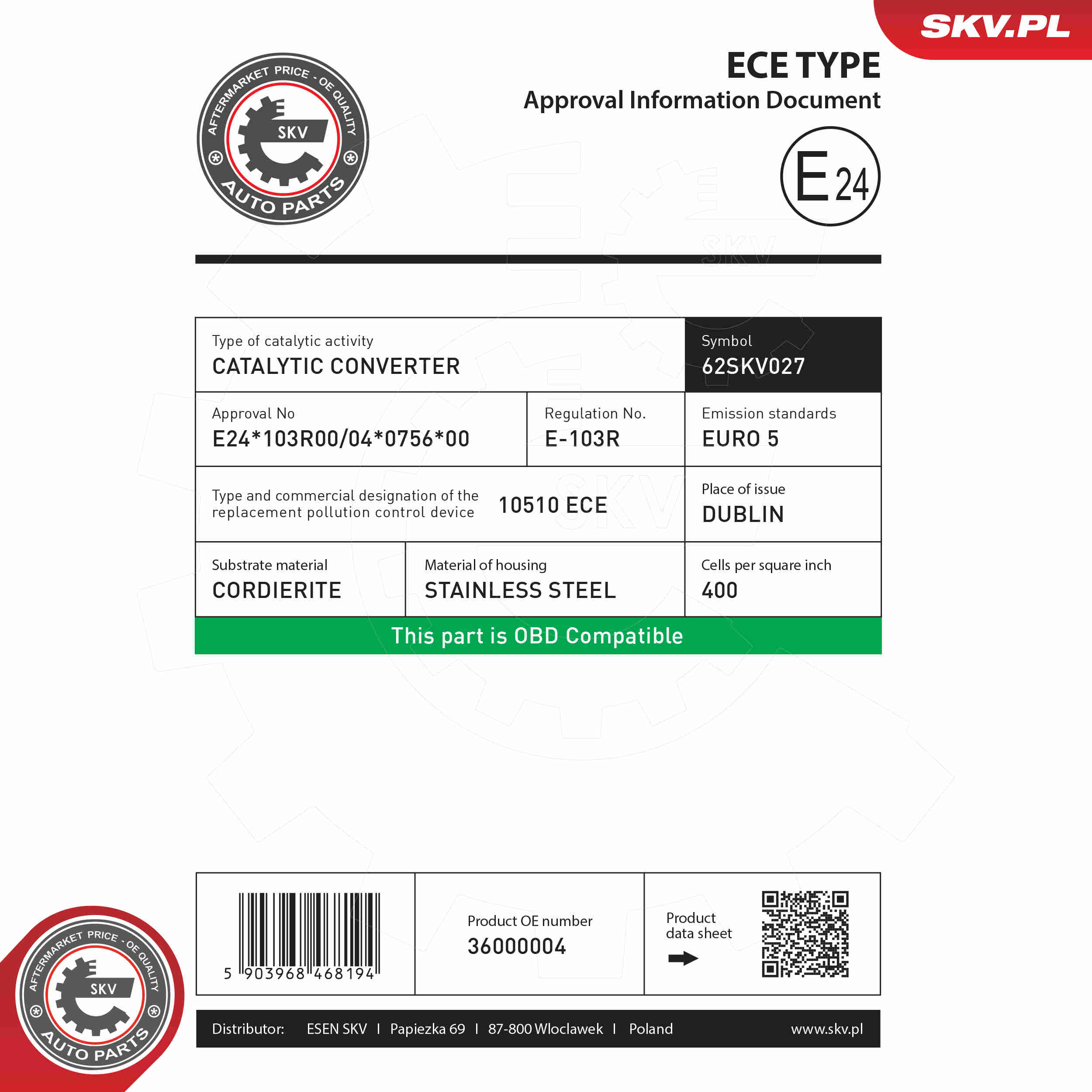 Catalytic Converter - 62SKV027 ESEN SKV