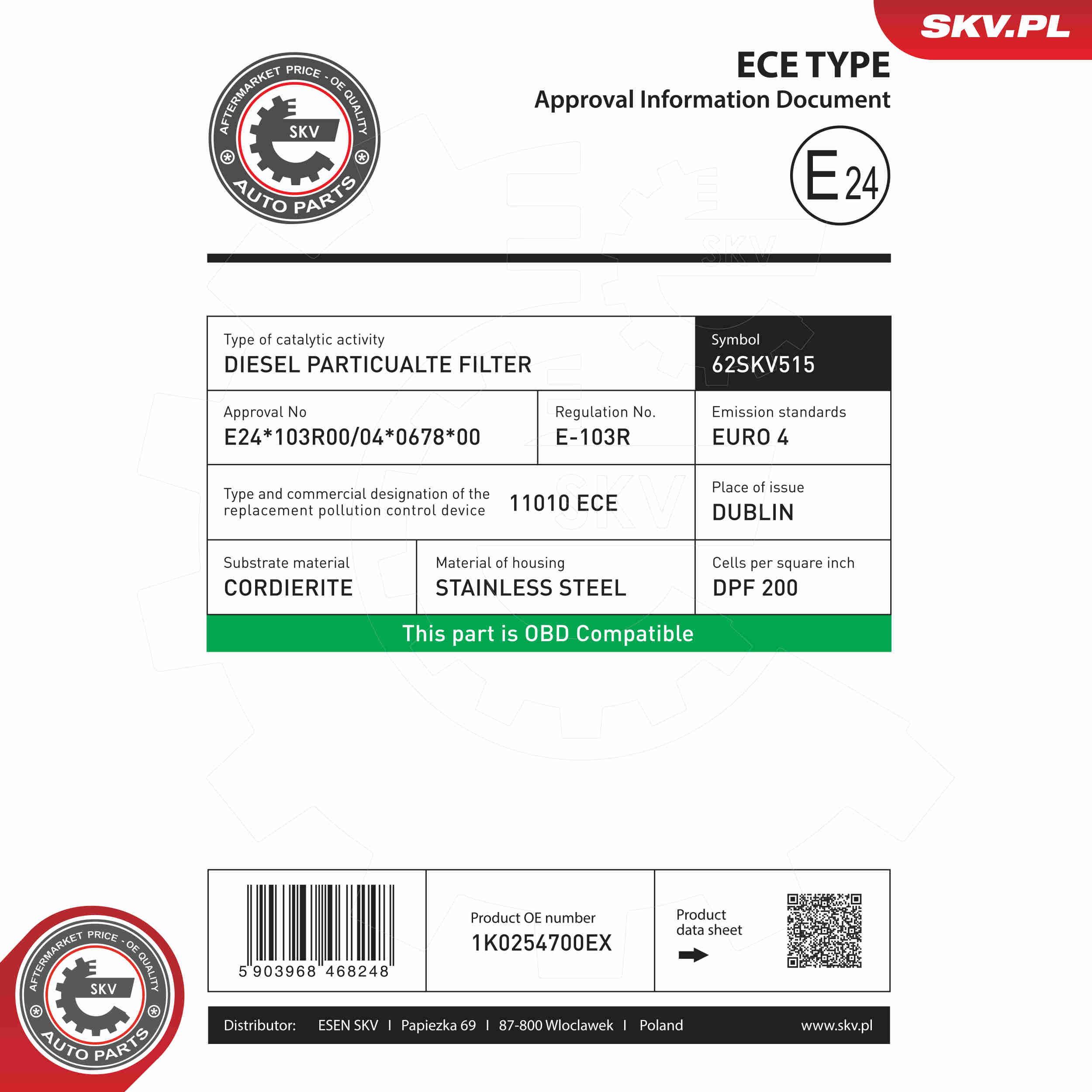 Soot/Particulate Filter, exhaust system - 62SKV515 ESEN SKV