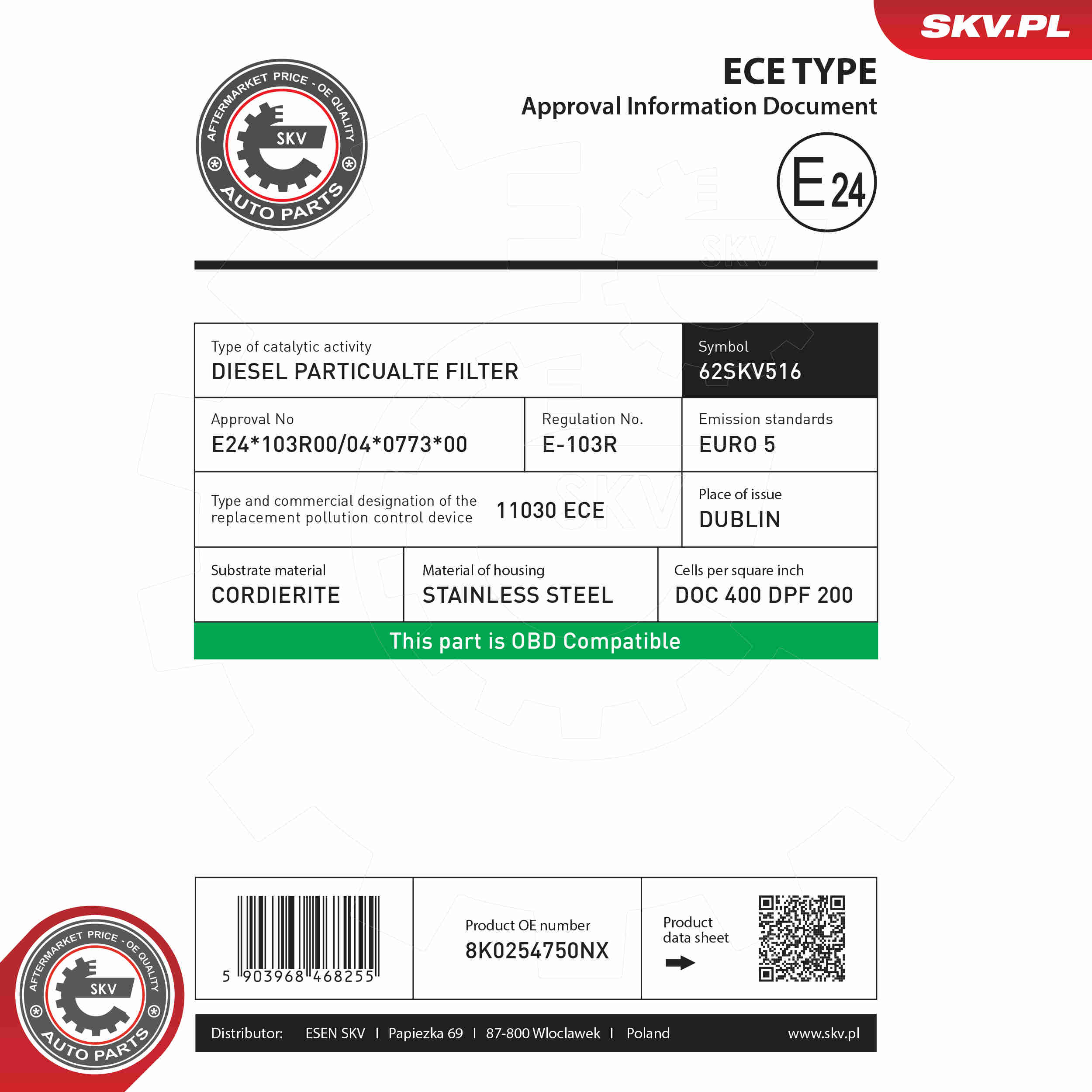 Soot/Particulate Filter, exhaust system - 62SKV516 ESEN SKV